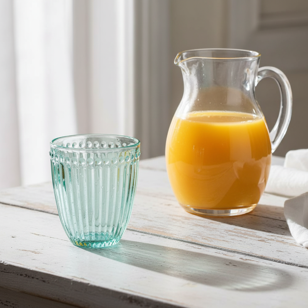 GreenGate Wasserglas Alice Kühle Minze neben Glas Karaffe mit Orangensaft auf hellem Holztisch