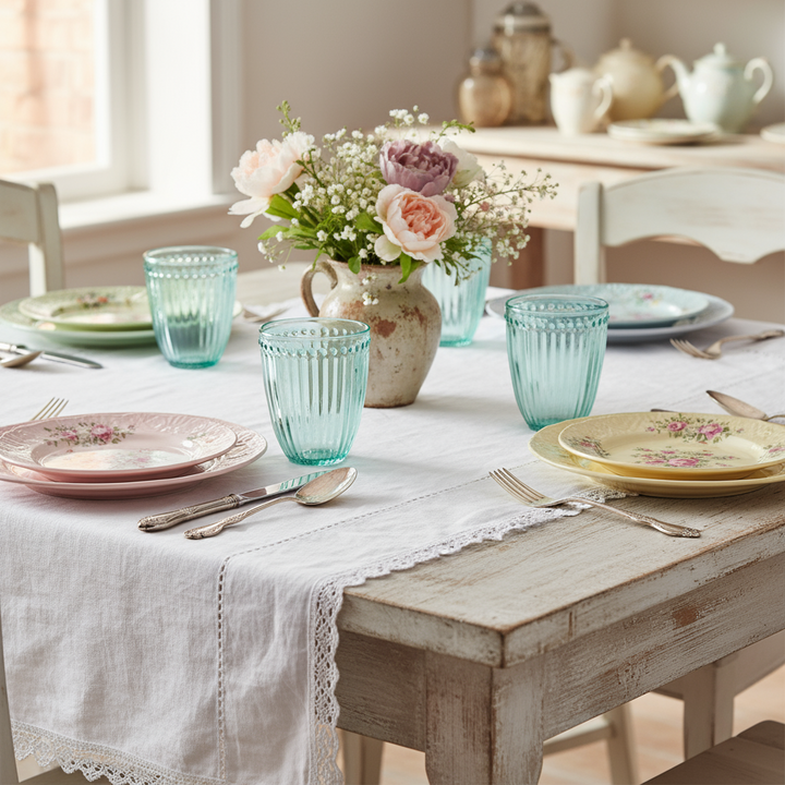 GreenGate Wasserglas Alice Kühle Minze auf romantisch gedecktem Tisch im skandinavischen Landhausstil