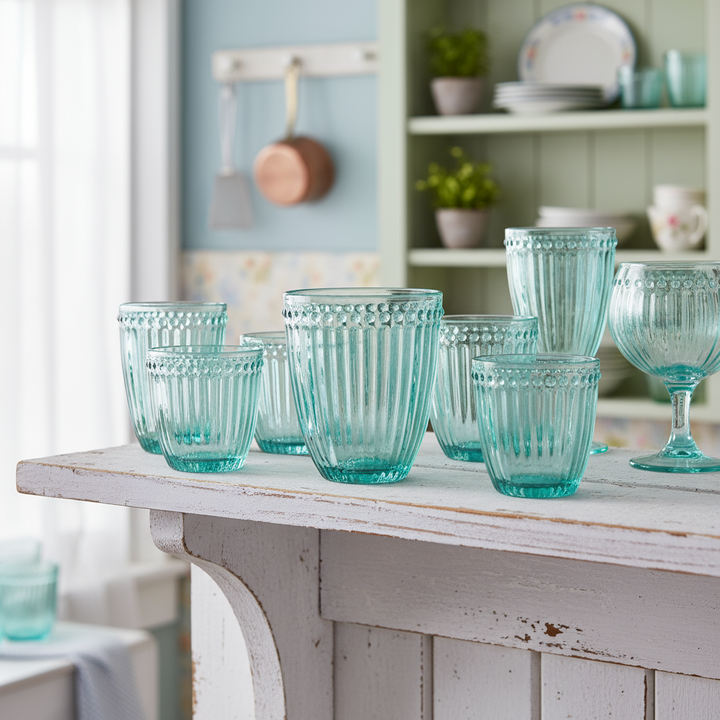 GreenGate Wasserglas Alice Kühle Minze im Set auf weißem Landhaus Sideboard mit geriffelter Glasstruktur