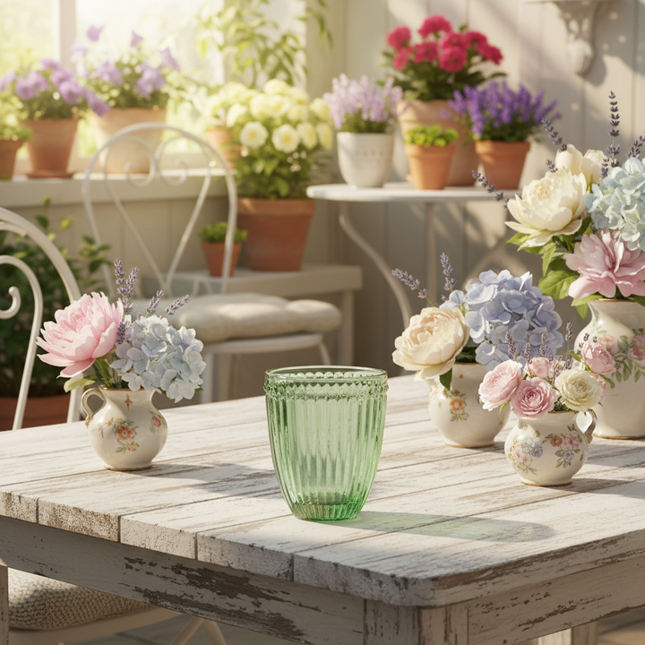 GreenGate Wasserglas Alice Hellgrün auf weißem Gartentisch mit floraler Landhausdekoration