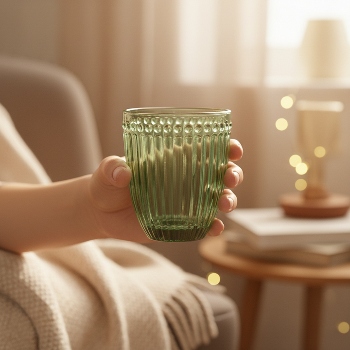 GreenGate Wasserglas Alice Hellgrün in der Hand gehalten im gemütlichen skandinavischen Wohnambiente