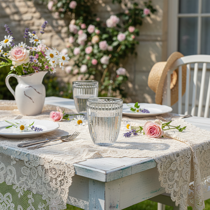 GreenGate Wasserglas Alice Grau auf romantisch gedecktem Gartentisch im skandinavischen Landhausstil