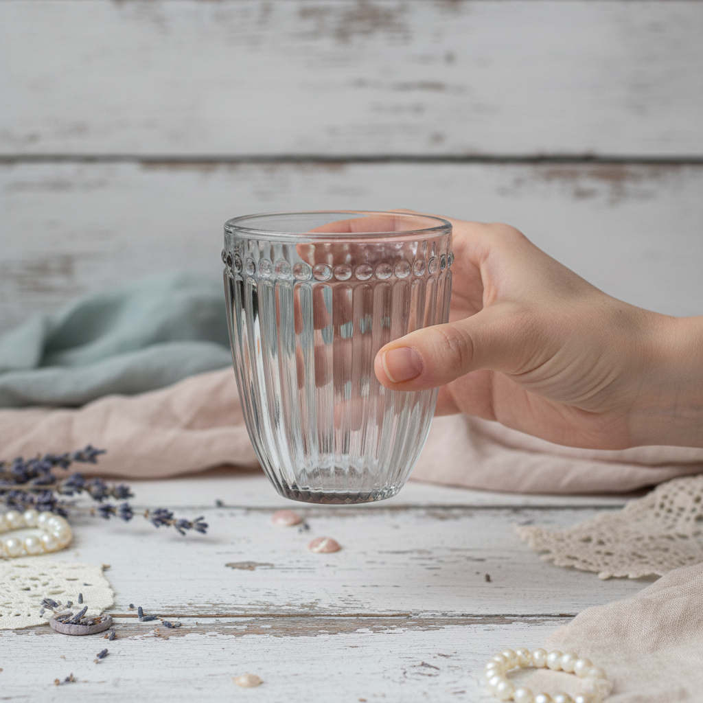 GreenGate Wasserglas Alice Grau in der Hand gehalten mit geriffelter Glasstruktur