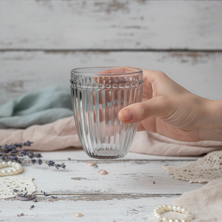 GreenGate Wasserglas Alice Grau in der Hand gehalten mit geriffelter Glasstruktur