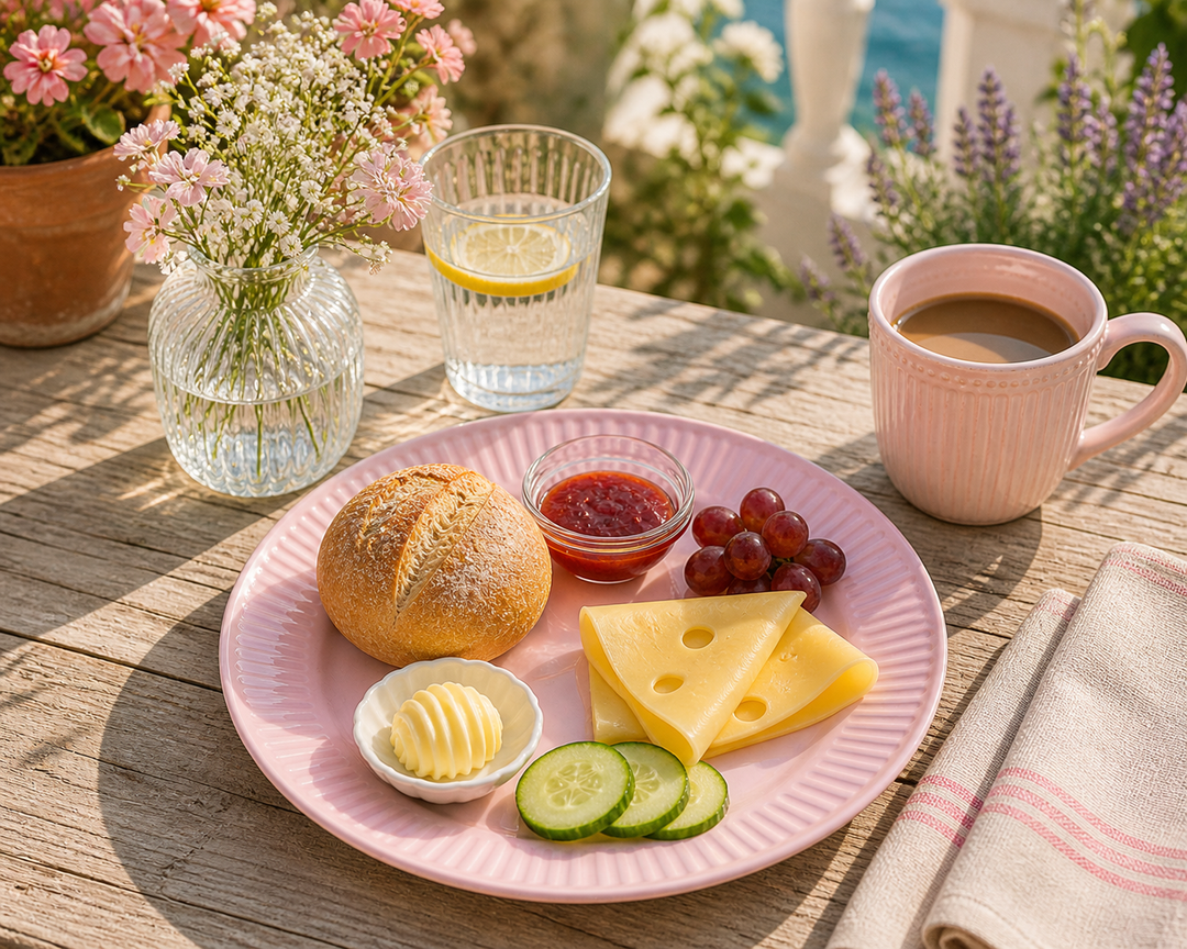 IB Laursen Frühstücksteller Mynte English Rose 19,5 cm mit Frühstück auf sommerlicher Terrasse im mediterranen Landhausstil