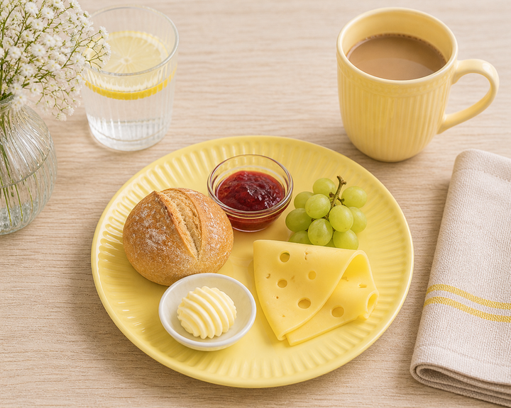 IB Laursen Frühstücksteller Mynte Lemonade 19,5 cm mit Brötchen, Marmelade und Käse auf hellem Holztisch im Landhausstil