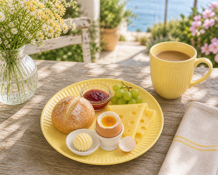 IB Laursen Frühstücksteller Mynte Lemonade 19,5 cm mit Frühstück auf sonniger Terrasse im mediterranen Landhausstil