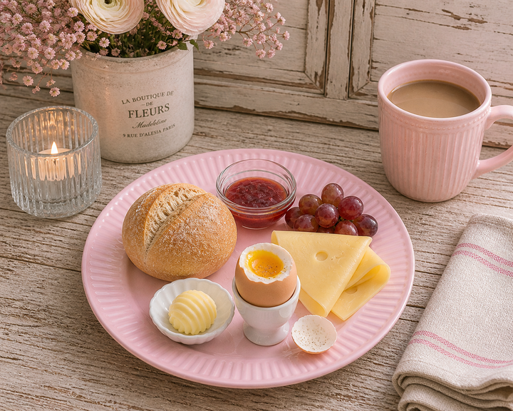IB Laursen Frühstücksteller Mynte English Rose 19,5 cm mit Frühstück und Ei in gemütlicher Kaffee Szene im Shabby Chic Stil