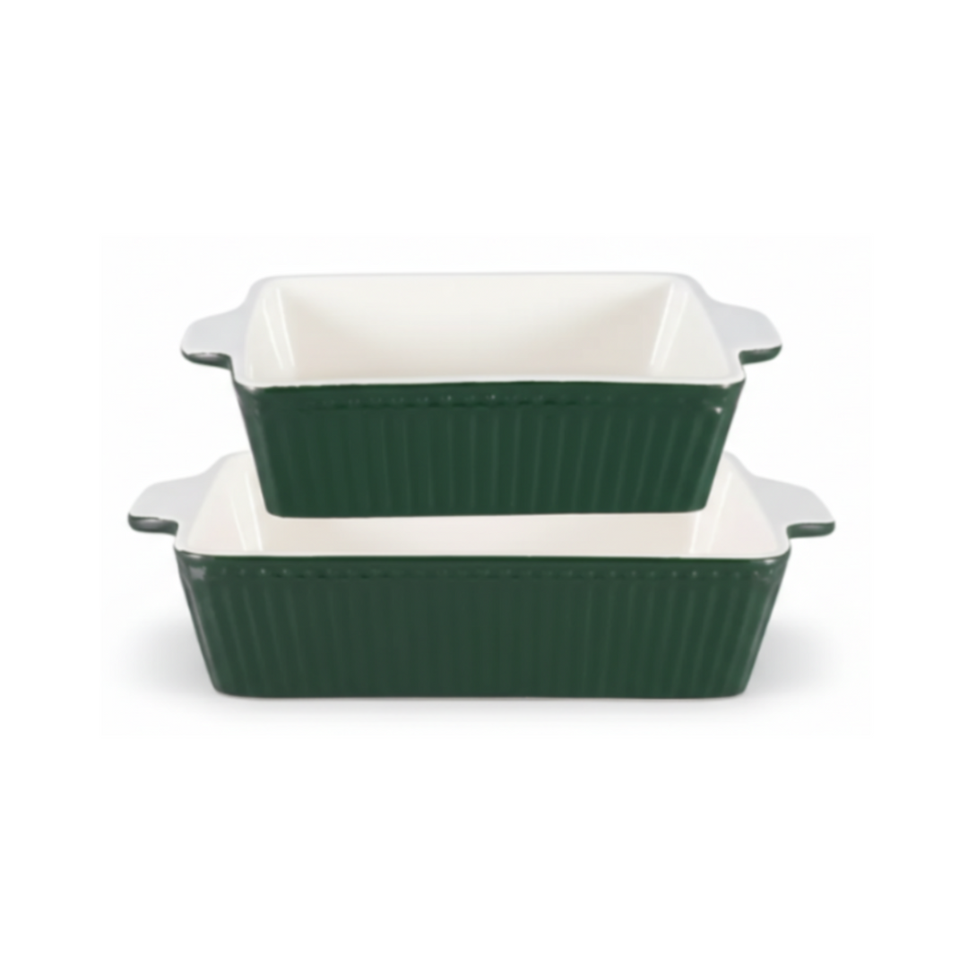 GreenGate Alice Auflaufformen Set Dunkelgrün 2-teilig aus Porzellan mit charakteristischer Rillenstruktur