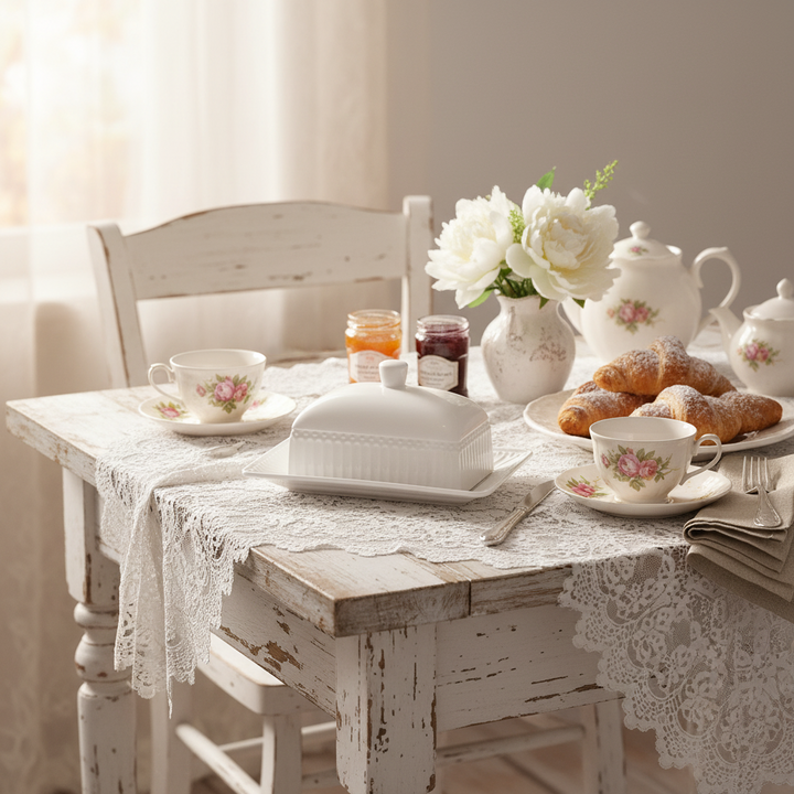 GreenGate Butterdose Alice Weiß auf romantisch gedecktem Frühstückstisch im Landhausstil
