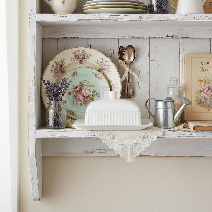 GreenGate Butterdose Alice Weiß im Shabby Chic Regal mit floraler Deko