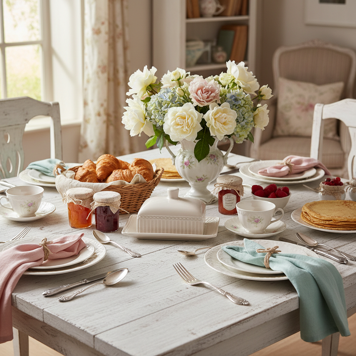 GreenGate Alice Butterdose Karamell auf gedecktem Frühstückstisch im Landhausstil
