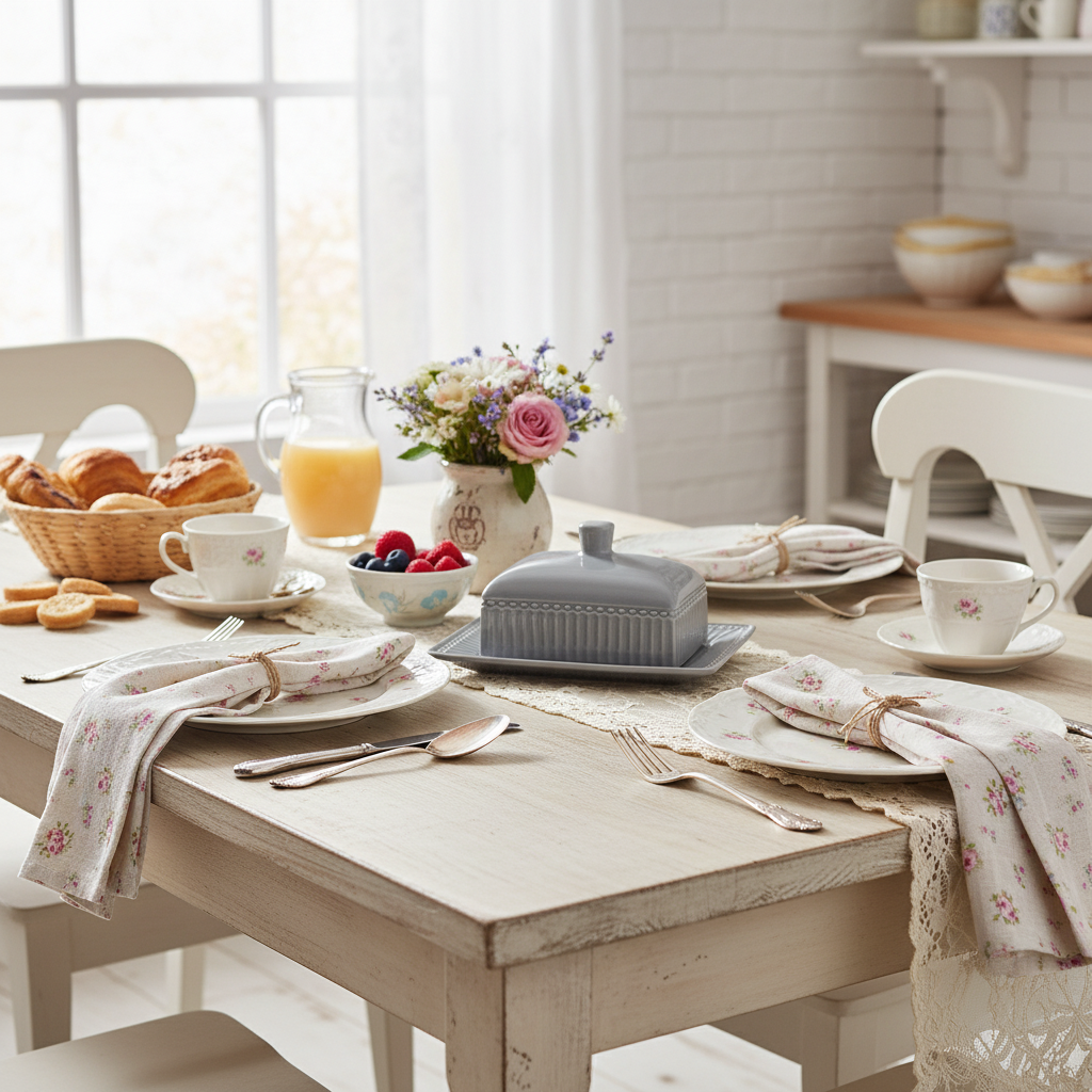 GreenGate Alice Butterdose Steingrau auf gedecktem Frühstückstisch