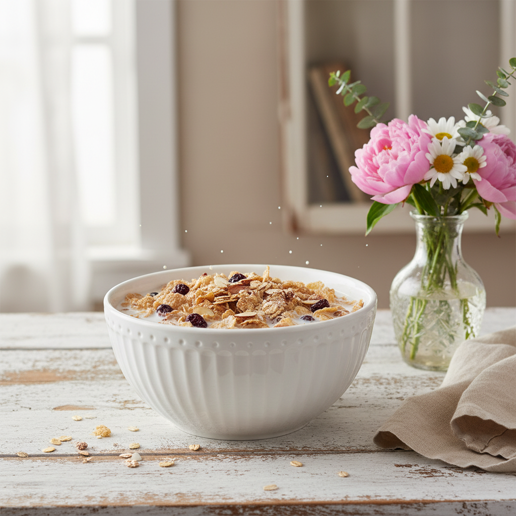 GreenGate Müslischale Alice Weiß gefüllt mit Müsli auf rustikalem Holztisch – 0,45 l Porzellan Schale