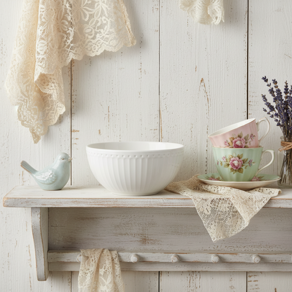 GreenGate Müslischale Alice Weiß aus Porzellan auf Holzregal im skandinavischen Landhausstil mit floraler Dekoration
