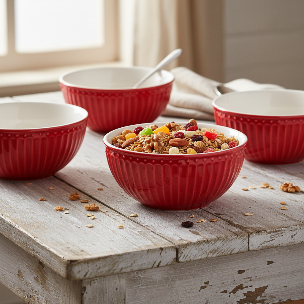 GreenGate Alice Müslischale Rot 14 cm mit Müsli auf Holztisch