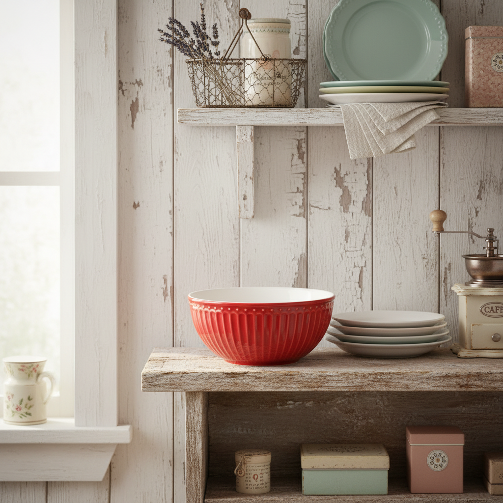 GreenGate Alice Müslischale Rot auf Holzregal im skandinavischen Landhausstil