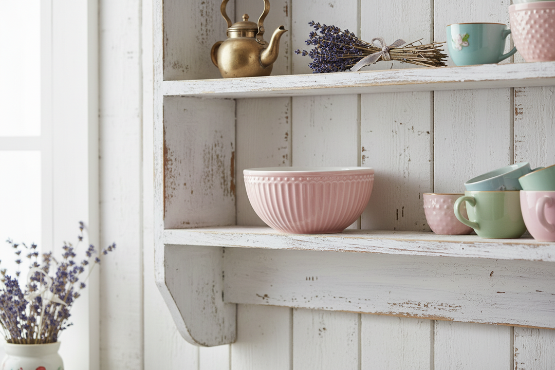 GreenGate Müslischale Alice Rosa im Regal dekoriert im skandinavischen Shabby Chic Stil