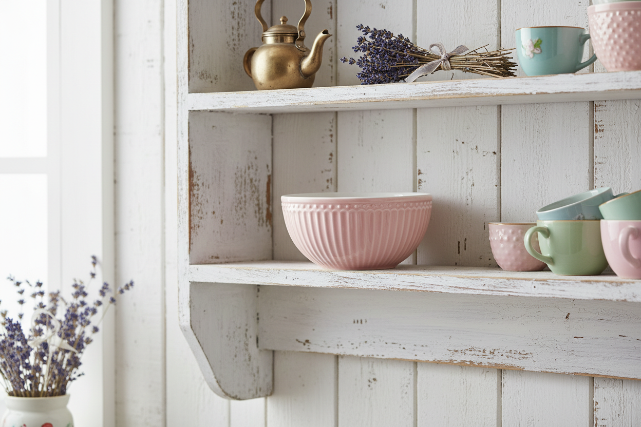 GreenGate Müslischale Alice Rosa im Regal dekoriert im skandinavischen Shabby Chic Stil