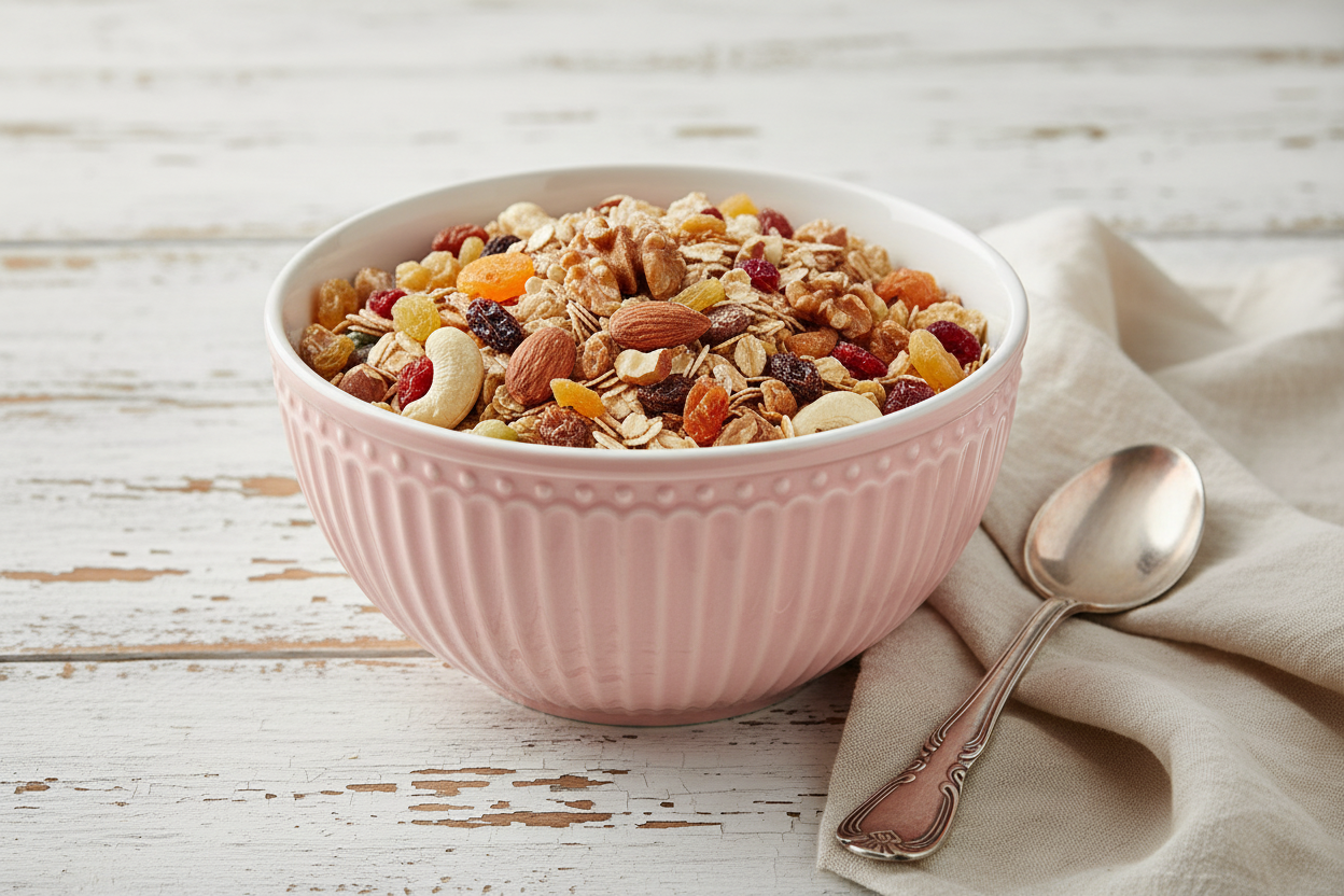 GreenGate Müslischale Alice Rosa 0,45 l mit Müsli und Nüssen auf Holztisch