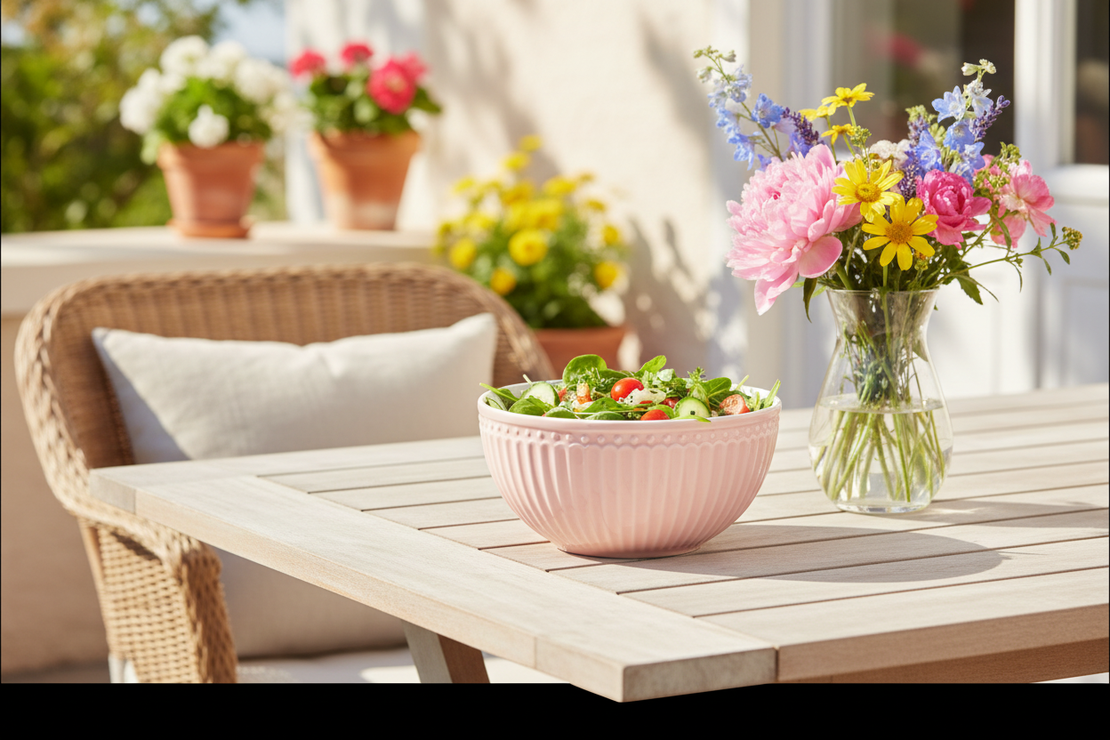 GreenGate Müslischale Alice Rosa mit Salat auf sommerlicher Terrasse im Landhausstil