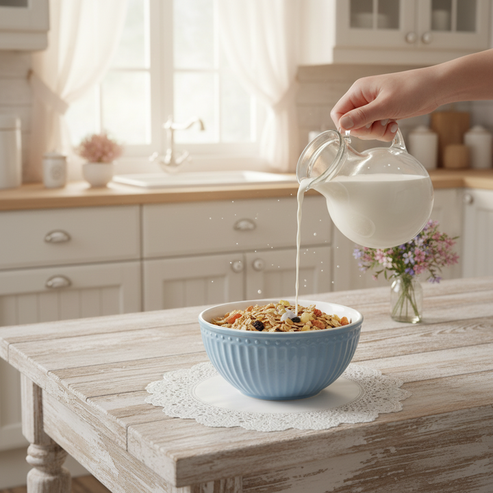 GreenGate Alice Müslischale Himmelblau mit Müsli im skandinavischen Landhausstil
