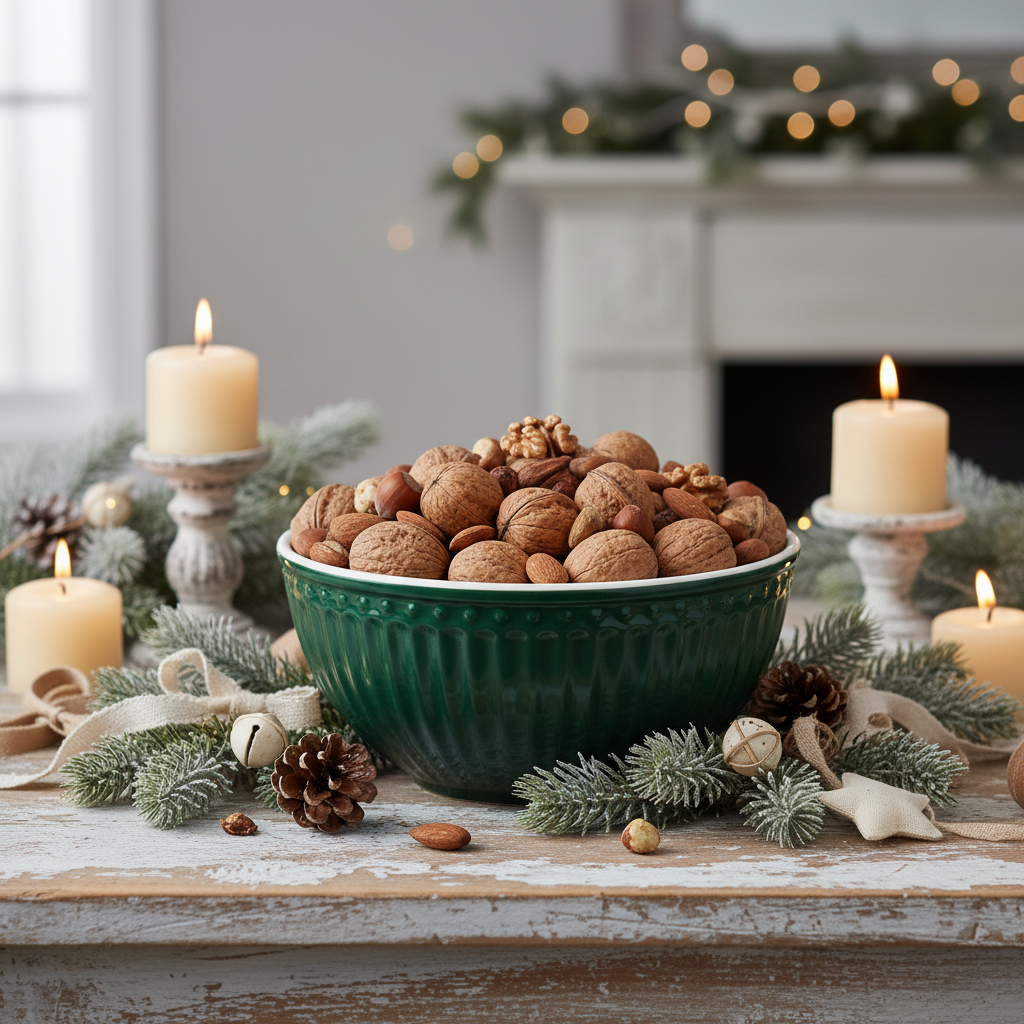 GreenGate Müslischale Alice Kieferngrün mit Nüssen dekoriert im winterlichen Landhausstil