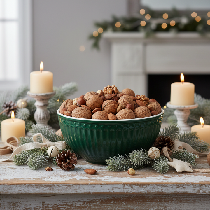 GreenGate Müslischale Alice Kieferngrün mit Nüssen dekoriert im winterlichen Landhausstil