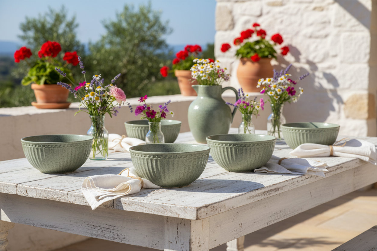 GreenGate Alice Müslischalen Olivgrün auf sommerlich gedecktem Tisch