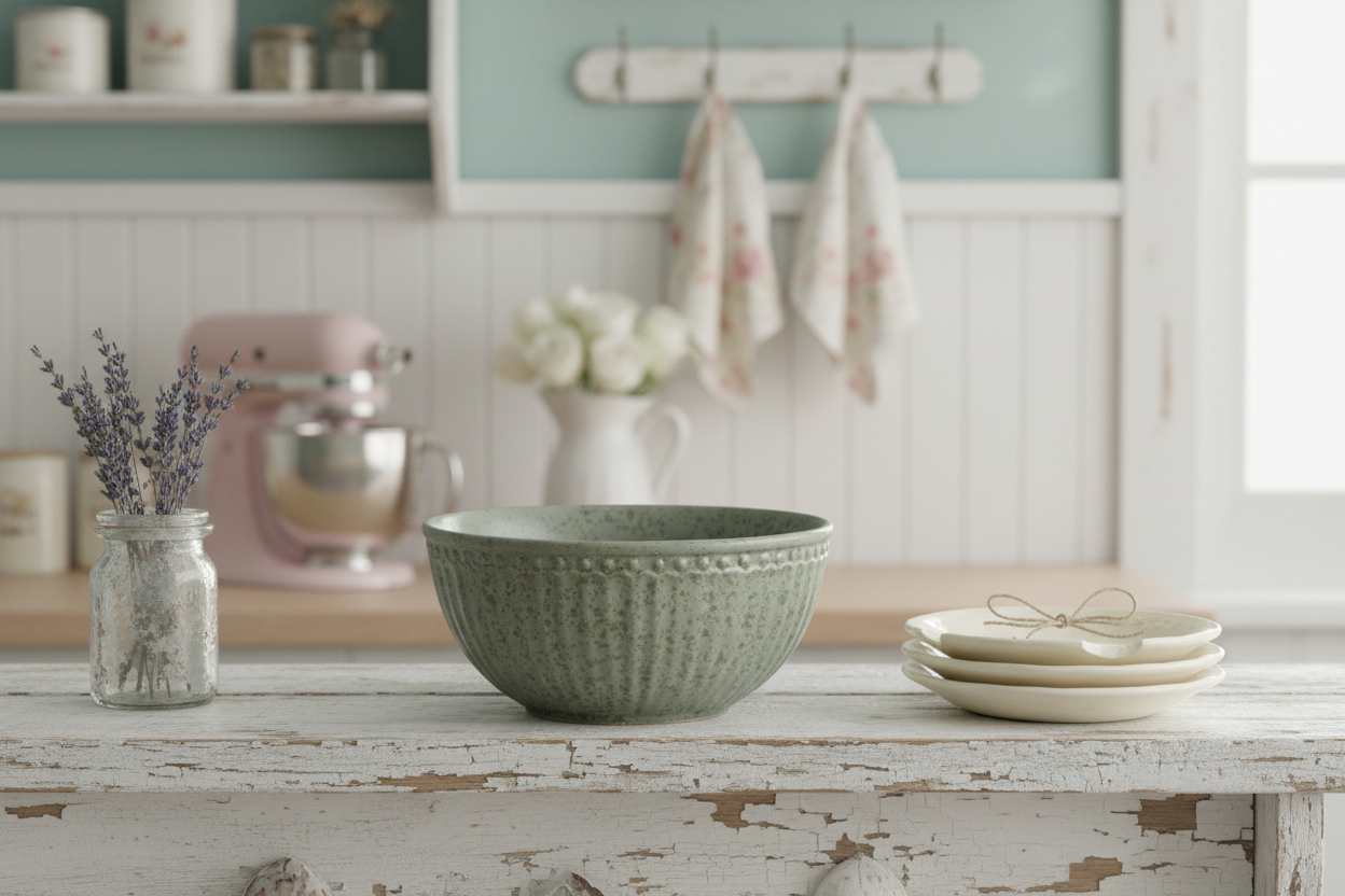 GreenGate Alice Müslischale Olivgrün auf Tisch im Landhausstil