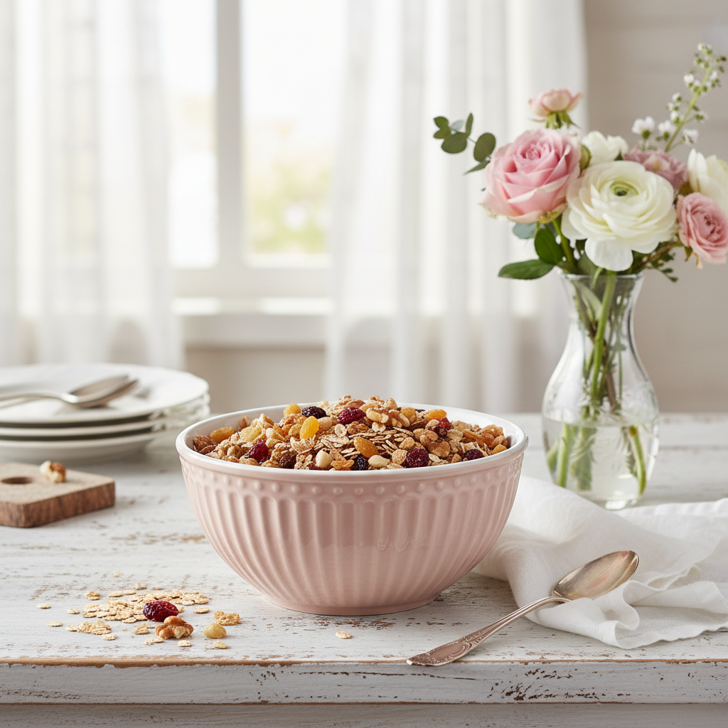 GreenGate Alice Müslischale Karamell gefüllt mit Müsli auf Landhaustisch