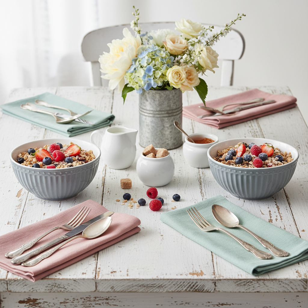 GreenGate Müslischale Alice Steingrau gefüllt mit Müsli und frischen Beeren – Porzellan Schale im Landhausstil