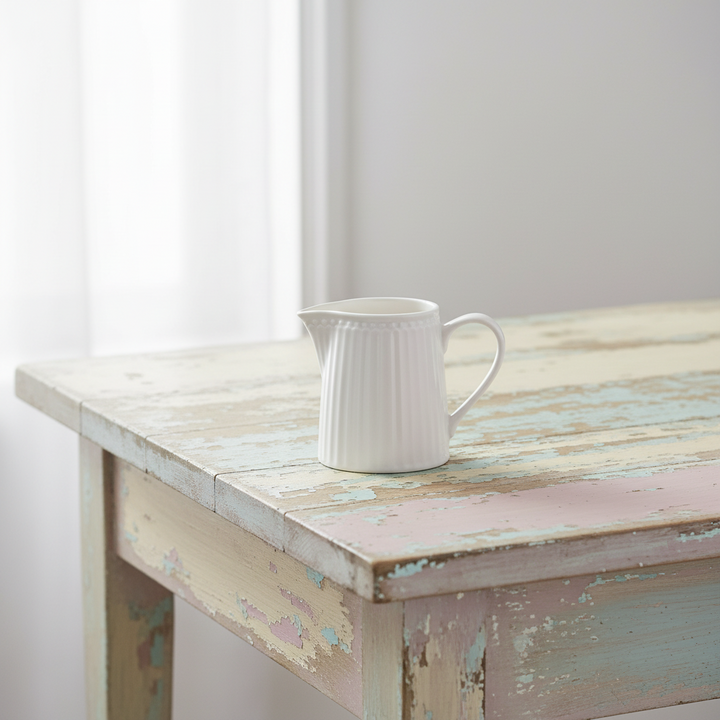GreenGate Milchkännchen Alice Weiß aus Porzellan 0,25 l auf Holztisch im Landhausstil
