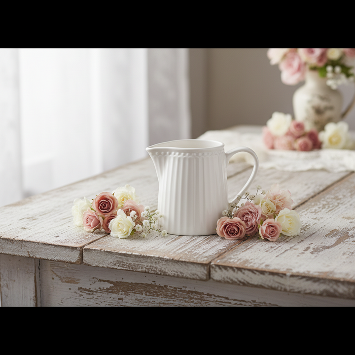 GreenGate Milchkännchen Alice Weiß mit Rosen dekoriert auf rustikalem Holztisch