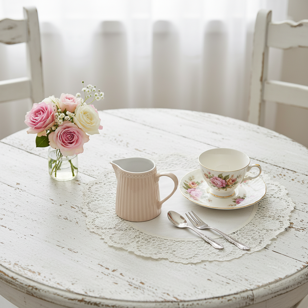 GreenGate Milchkännchen Alice Fudge auf romantisch gedecktem Kaffeetisch im Landhausstil