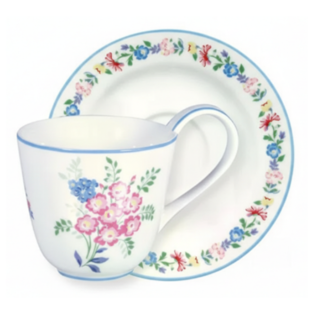 GreenGate Tasse mit Untertasse Elina Weiß Geblümt aus Porzellan