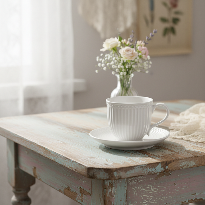 GreenGate Tasse mit Untertasse Alice Weiß auf Holztisch mit Blumenarrangement