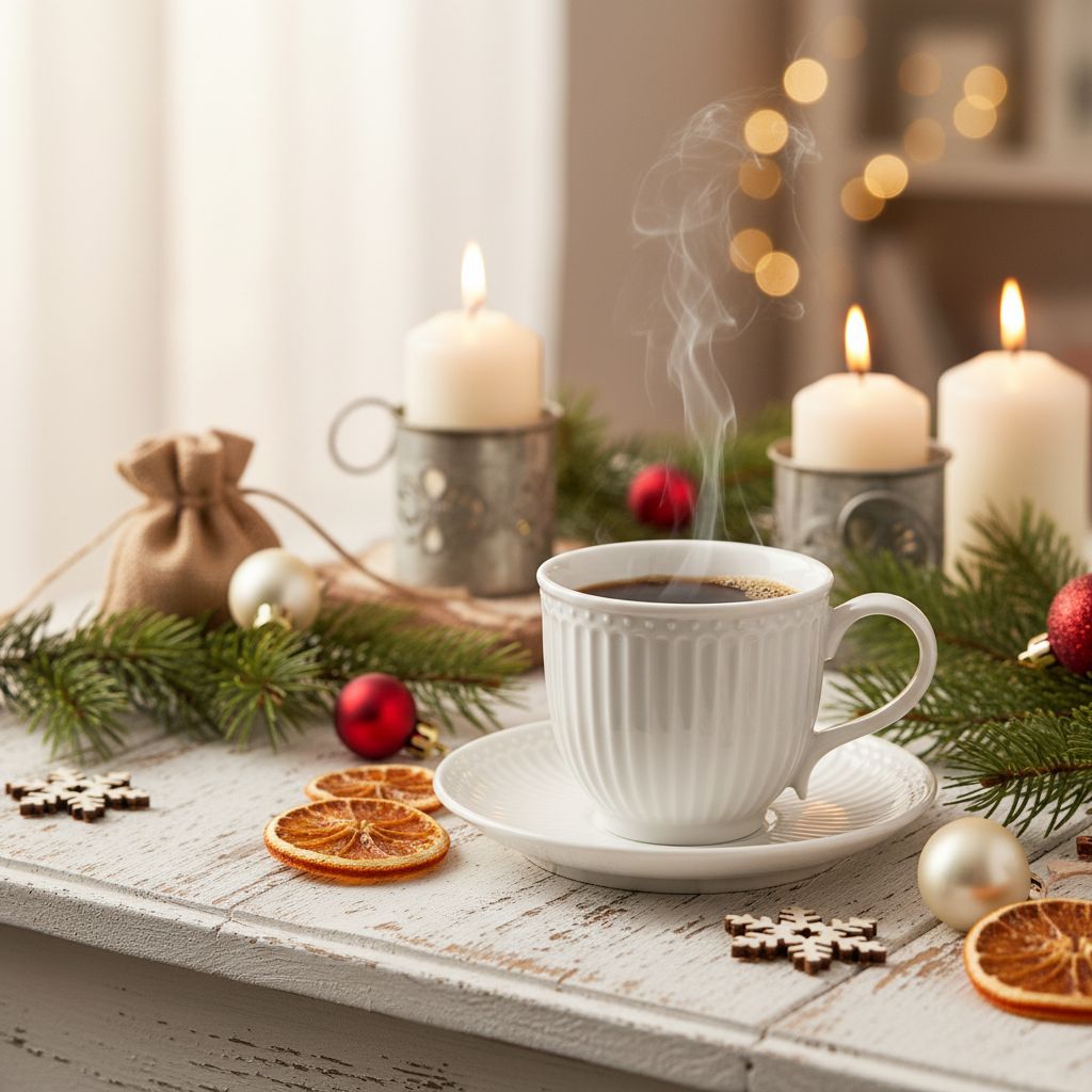 GreenGate Tasse mit Untertasse Alice Weiß mit Kaffee in weihnachtlicher Dekoration