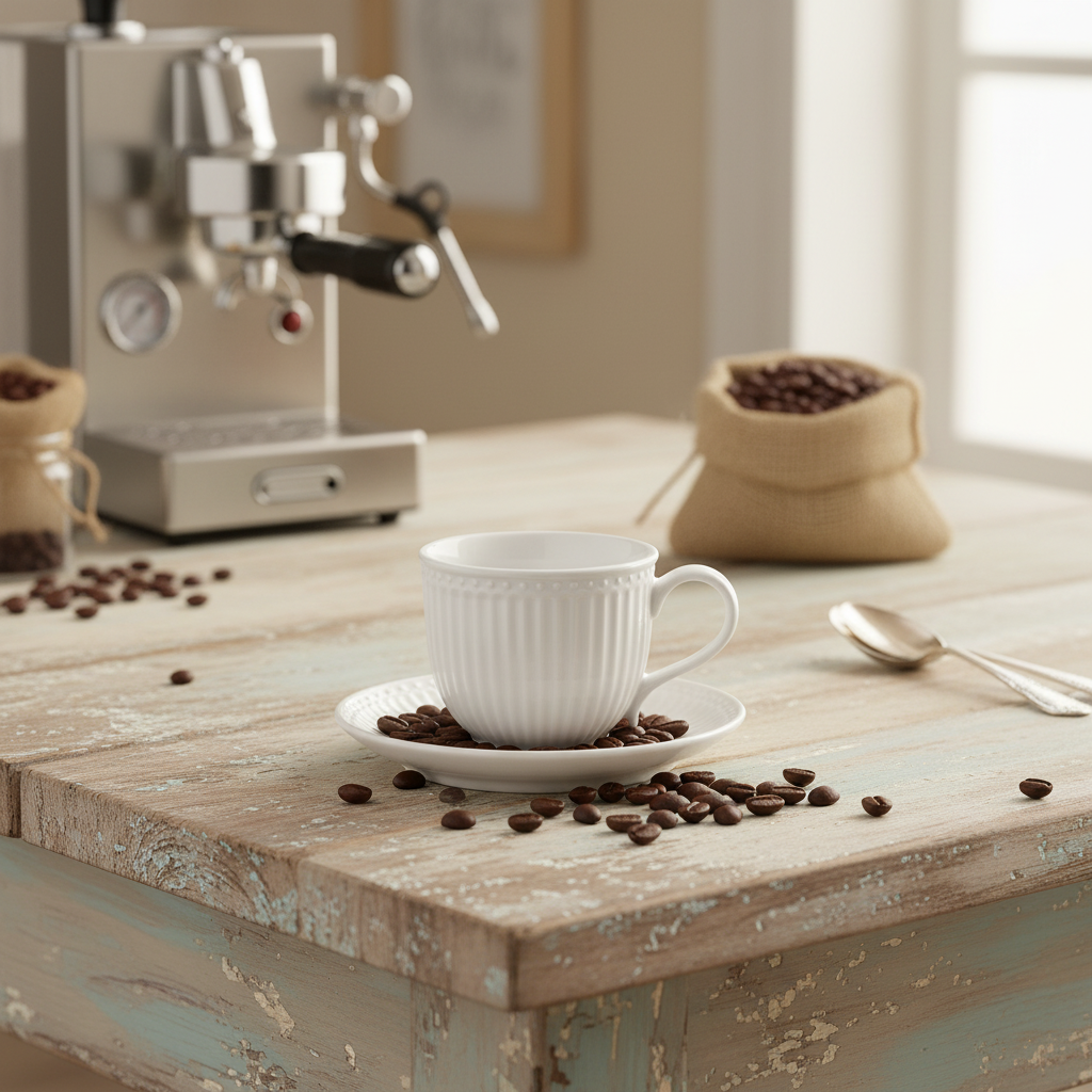 GreenGate Tasse mit Untertasse Alice Weiß aus Porzellan bei Kaffeeszene mit Espressomaschine und Kaffeebohnen