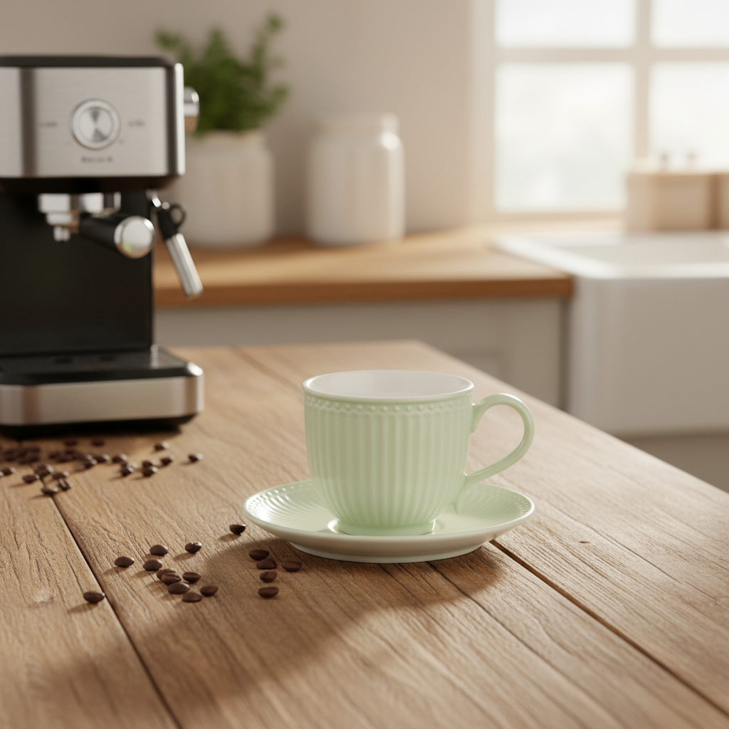 GreenGate Alice Hellgrün Kaffeetasse mit Untertasse neben Espressomaschine
