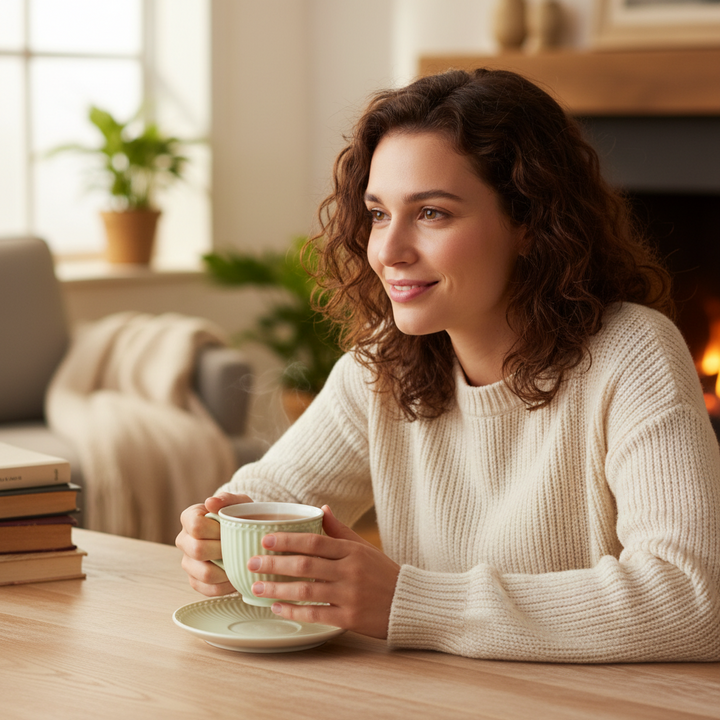 GreenGate Tasse Alice Hellgrün im Einsatz bei gemütlicher Kaffeepause
