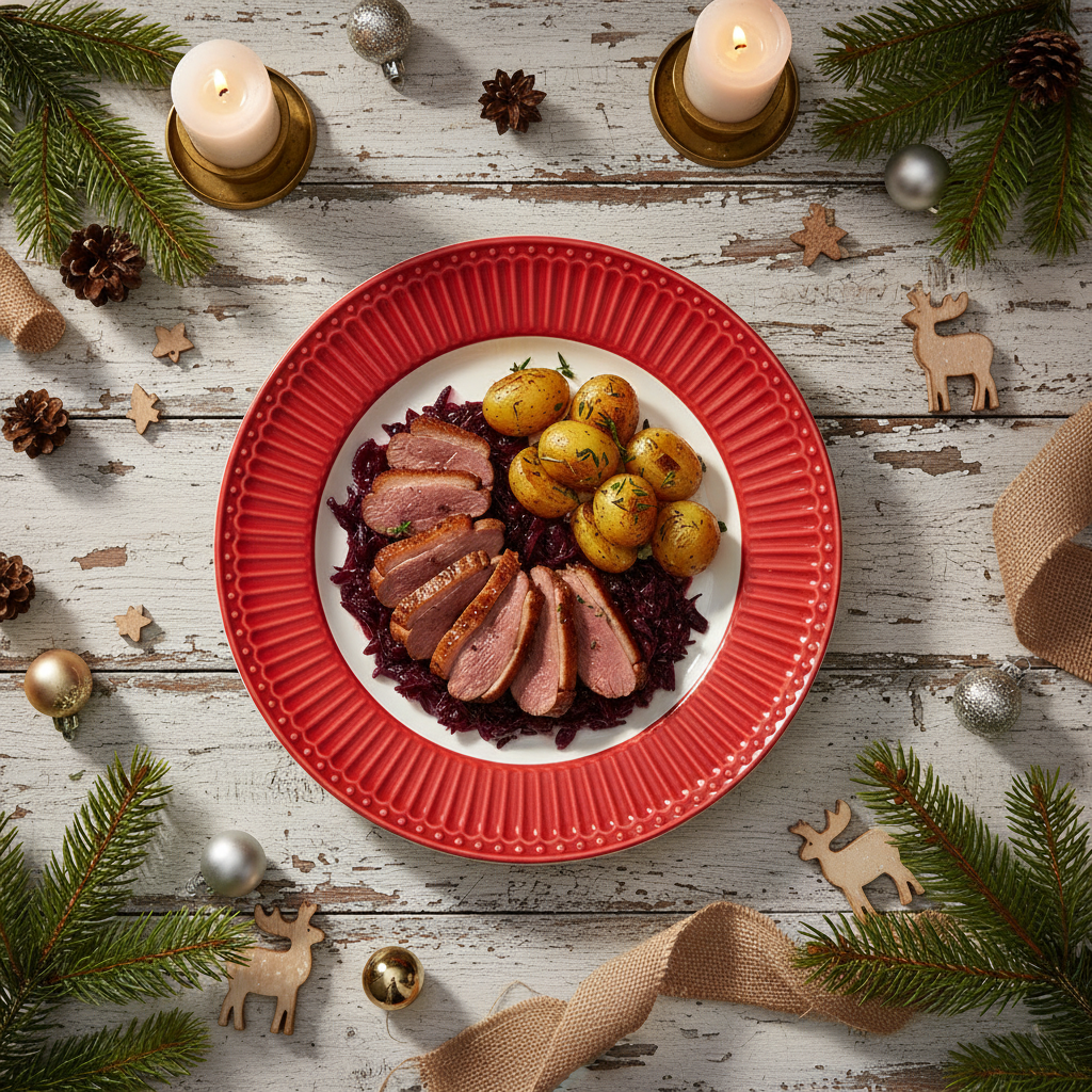GreenGate Speiseteller Alice Rot 26,5 cm mit Entenbrust und Kartoffeln auf weihnachtlich gedecktem Tisch