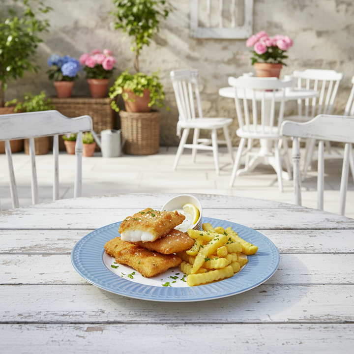 GreenGate Speiseteller Alice Himmelblau 26,5 cm mit Fisch und Pommes auf sommerlichem Gartentisch