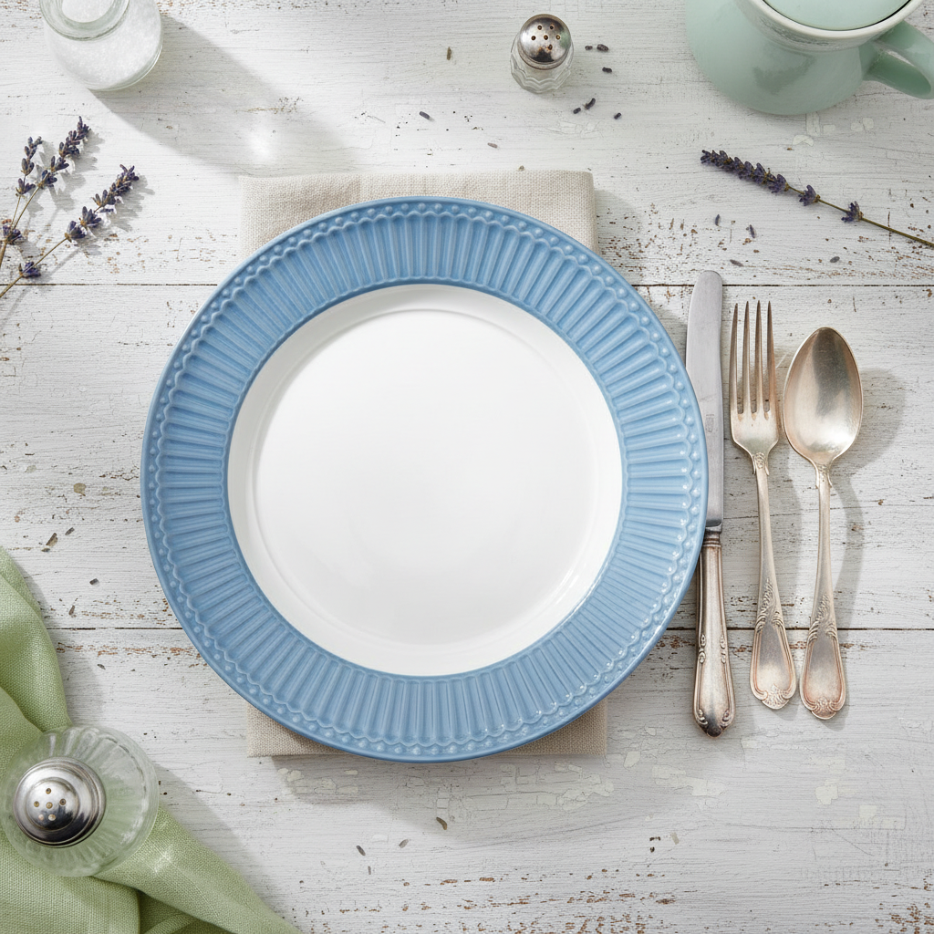 GreenGate Speiseteller Alice Himmelblau 26,5 cm aus Porzellan mit feiner Rillenstruktur in Draufsicht