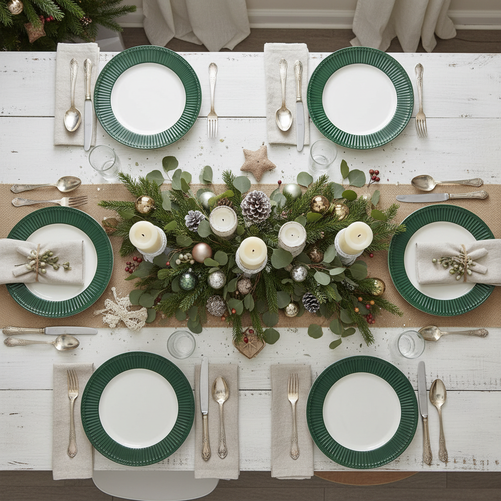 GreenGate Speiseteller Alice kieferngrün im skandinavischen Landhausstil auf weihnachtlich gedecktem Tisch