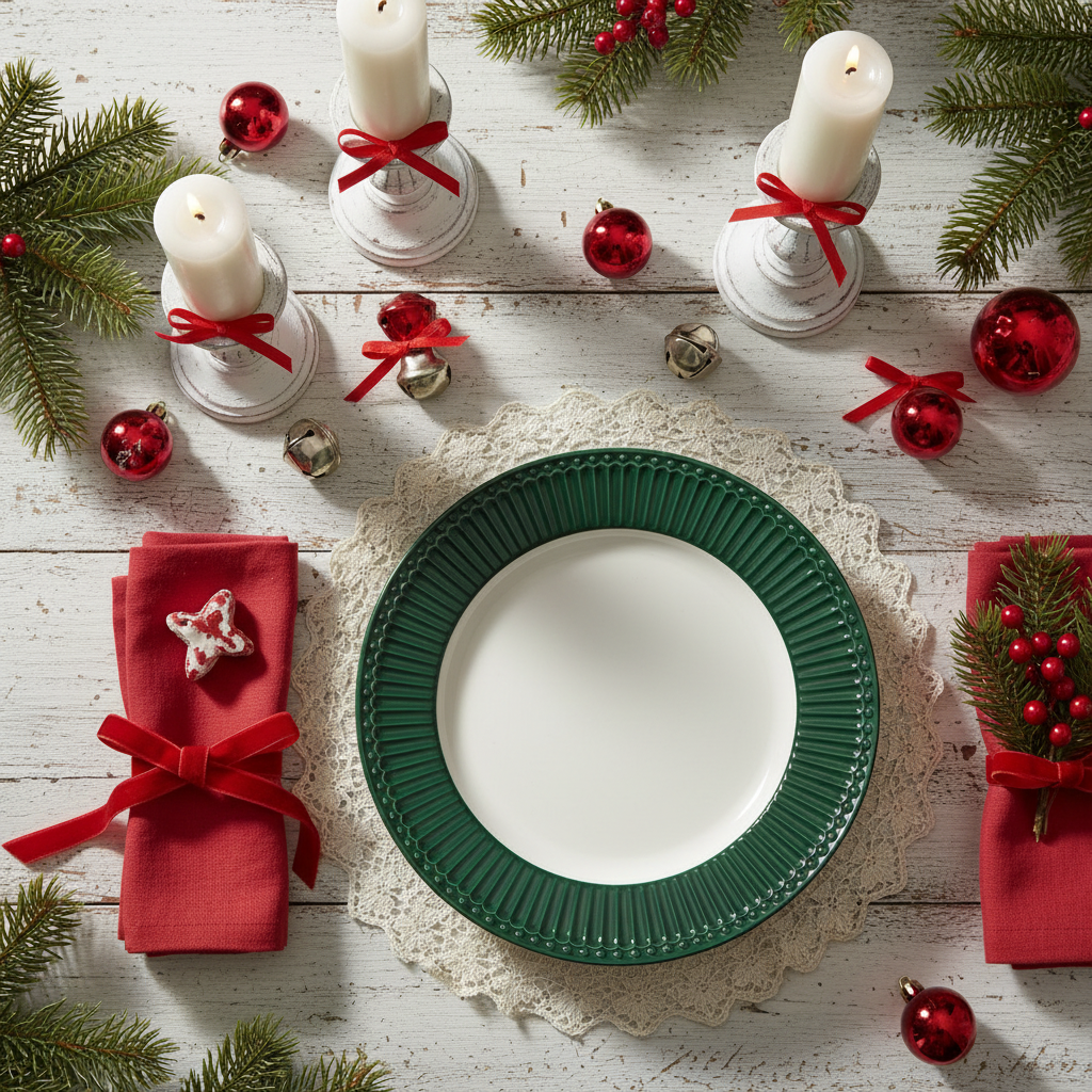GreenGate Speiseteller Alice kieferngrün 26,5 cm aus Porzellan in weihnachtlicher Tischdekoration