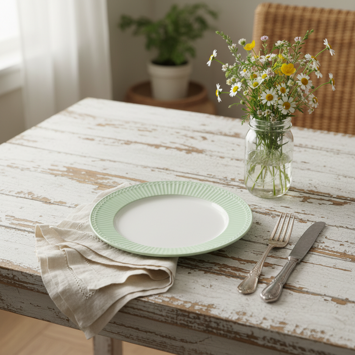 GreenGate Speiseteller Alice Hellgrün 26,5 cm auf rustikalem Holztisch mit Blumen im Landhausstil