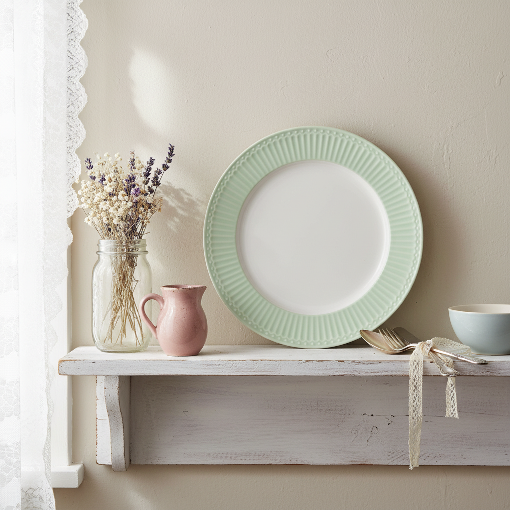 GreenGate Speiseteller Alice Hellgrün 26,5 cm dekorativ auf weißem Holzregal im skandinavischen Landhausstil
