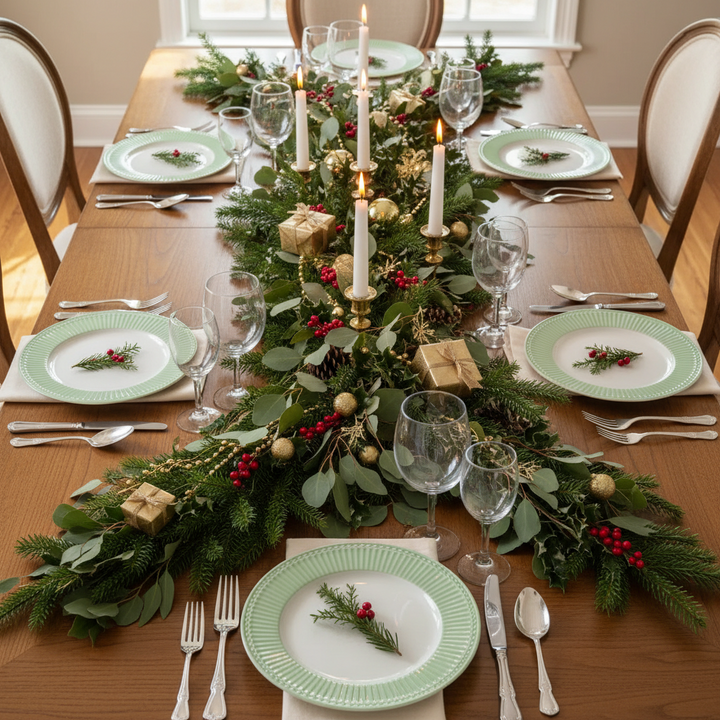 GreenGate Speiseteller Alice Hellgrün 26,5 cm auf festlich gedecktem Weihnachtstisch mit Kerzen und Tannengrün