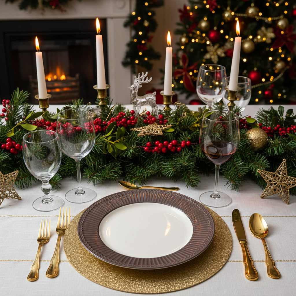 GreenGate Speiseteller Alice Schokolade mit Goldbesteck – festlich gedeckter Weihnachtstisch